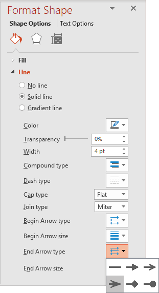 End Arrow types in Format Shape pane PowerPoint 2016