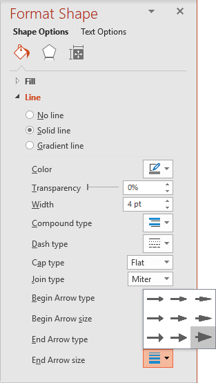 End Arrow size in Format Shape pane PowerPoint 2016