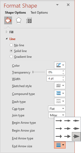 End Arrow size in Format Shape pane PowerPoint 365