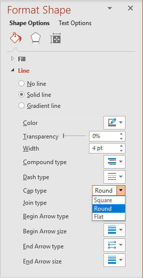 Cap type in Format Shape pane PowerPoint 2016