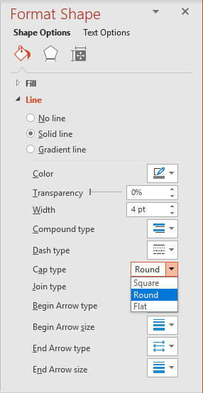 Cap type in Format Shape pane PowerPoint 2016 Cap type in Format Shape pane PowerPoint 2016