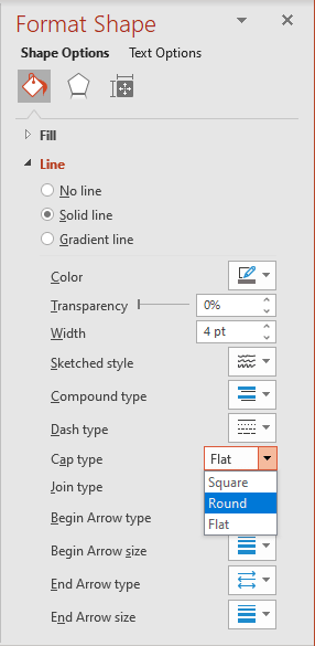 Cap type in Format Shape pane PowerPoint 365