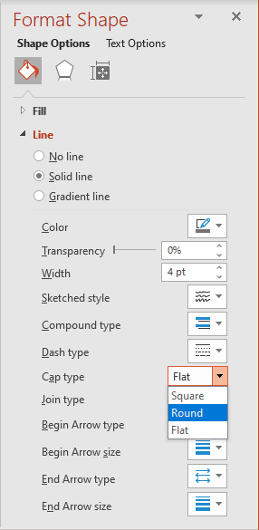 Cap type in Format Shape pane PowerPoint for Microsoft 365 Cap type in Format Shape pane PowerPoint 365
