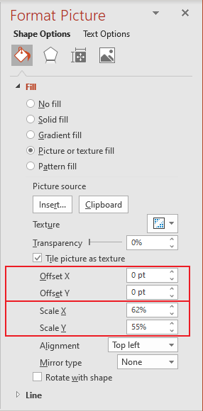 Picture Offset and Scale settings in PowerPoint 365