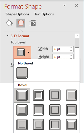 Top bevel in Format Shape pane PowerPoint 365