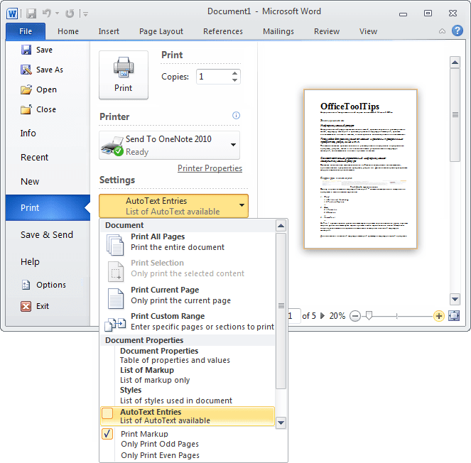 Print AutoText entries in Word 2010