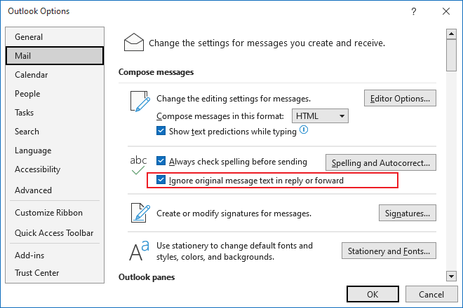 Ignore original message in Outlook 365 Options