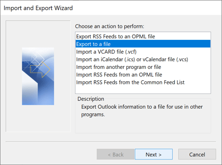 Import and Export Wizard in Outlook 2016