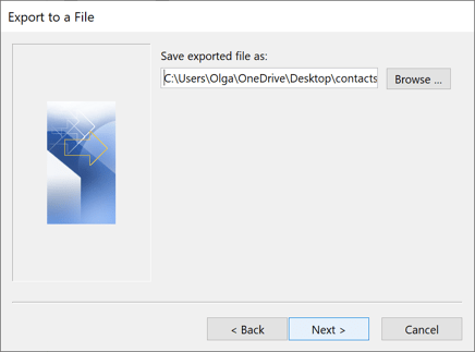 Save exported file as in Outlook 2016