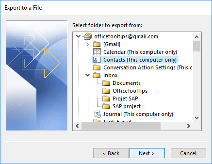 Select folder to export from in Outlook 365