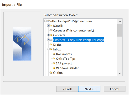 Select destination folder in Outlook 2016