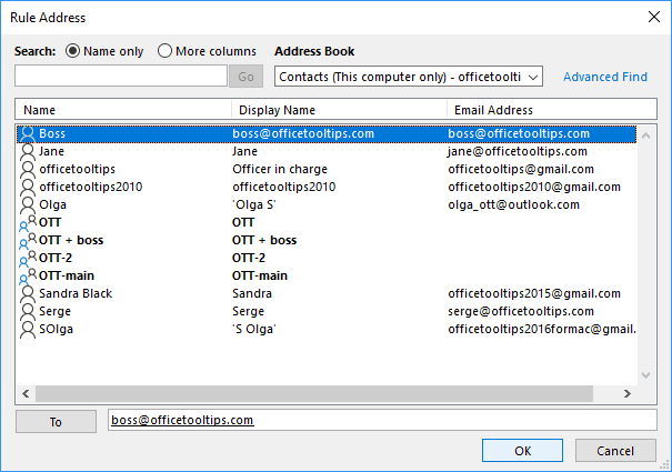 Rule Address in Outlook 365