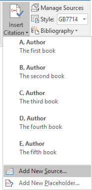 Drop-down list of Citations in Word 2016