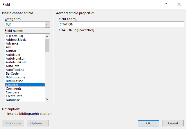 Citation field in Word 2016