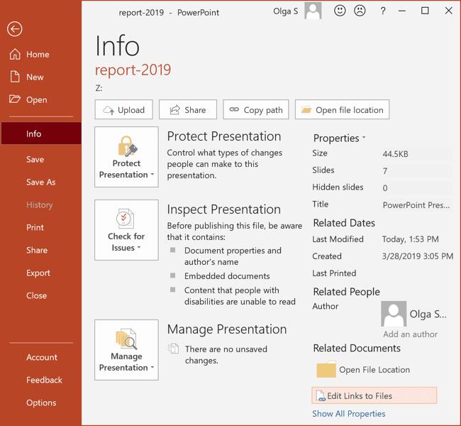 Info in PowerPoint 2016