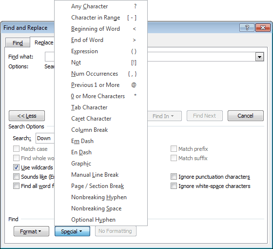 Find and Replace more options in Word 2010