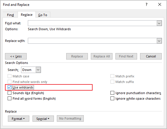 Find and Replace more options in Word 365