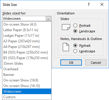Slides sized for drop-down list in PowerPoint 2016