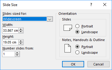 Slides Width and Height in PowerPoint 2016