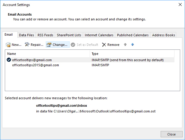 Change Email account in Outlook 2016 Change Email account in Outlook 2016