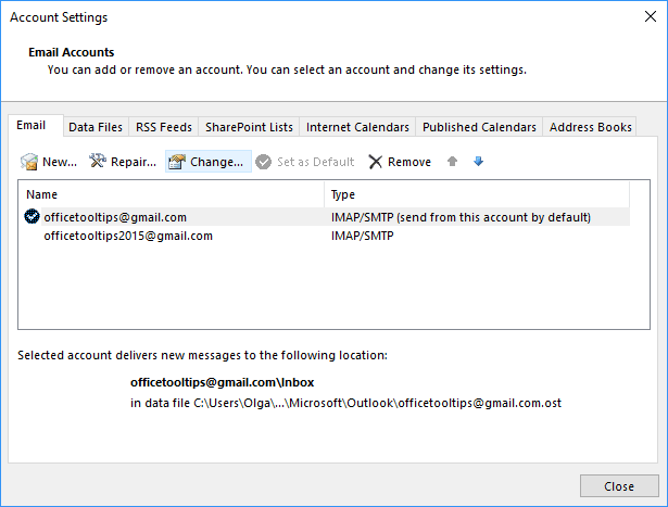 Change Email account in Outlook 2016