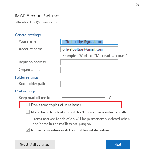 Account settings in Outlook 2016