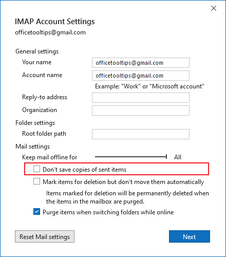 Don't save copies of sent items in Account Settings Outlook 365