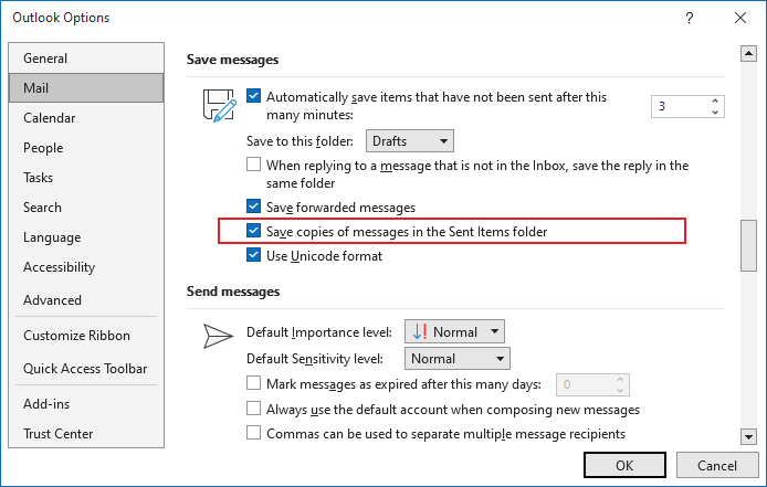 Save copies of messages in the Sent Items folder in Outlook 365