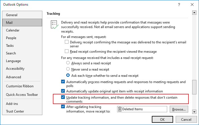 Update tracking information in Outlook 365