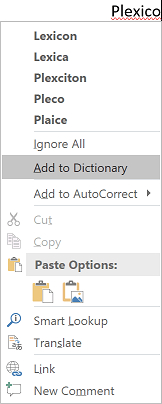 Add to Dictionary in the popup menu Word 2016