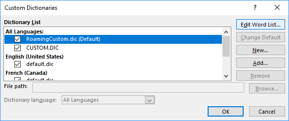 Custom Dictionaries dialog box in Word 2016