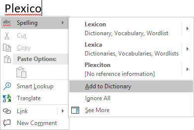 Add to Dictionary in the popup menu Word for Microsoft 365