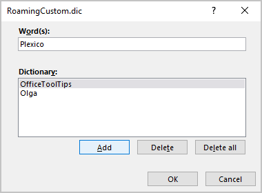 Custom Dic dialog box in Word for Microsoft 365