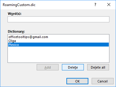 Custom Dic dialog box in Word 2016