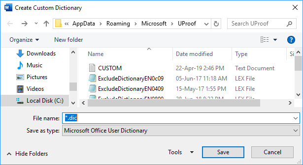 Create Custom Dictionary dialog box in Word 2016 Create Custom Dictionarys dialog box in Word 2016