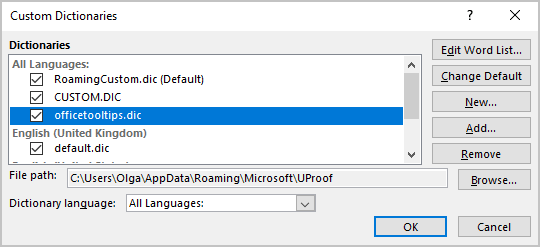 New Custom Dictionarys in Word 365