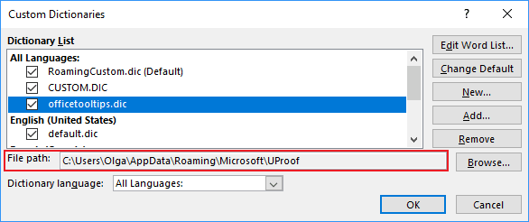 Custom Dictionaries dialog box in Word 2016