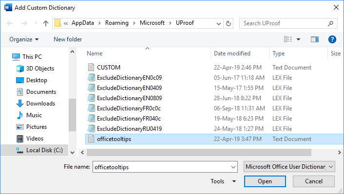how to enable custom dictionary in word 2016