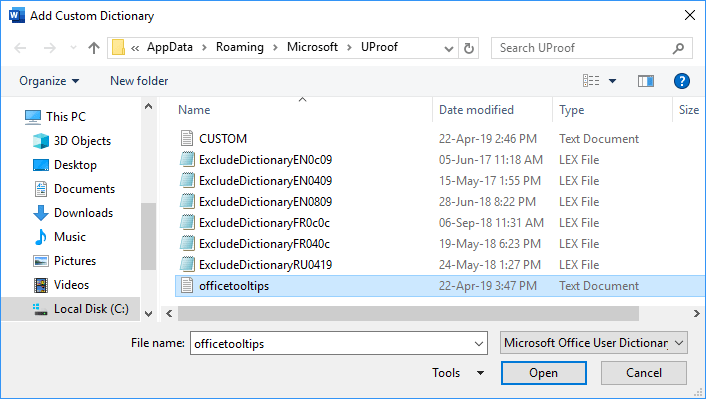 Add Custom Dictionarys dialog box in Word 2016