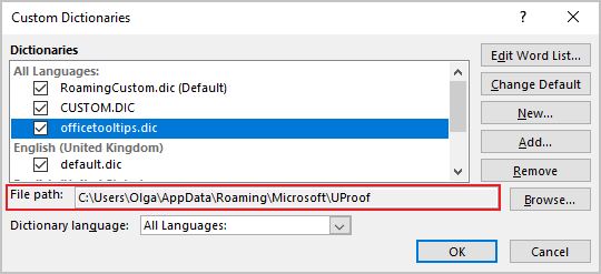 Custom Dictionaries dialog box in Word for Microsoft 365 Custom Dictionaries dialog box in Word 365