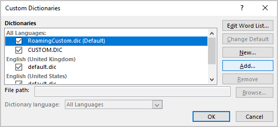 Add in the Custom Dictionaries dialog box Word for Microsoft 365 Add in the Custom Dictionaries dialog box Word 365