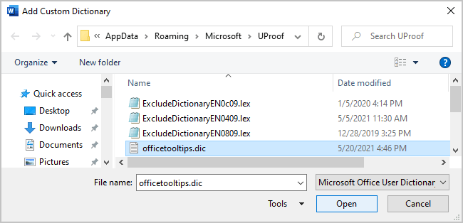 Add Custom Dictionarys dialog box in Word 365