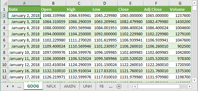 Historical data for Investments in Excel 365