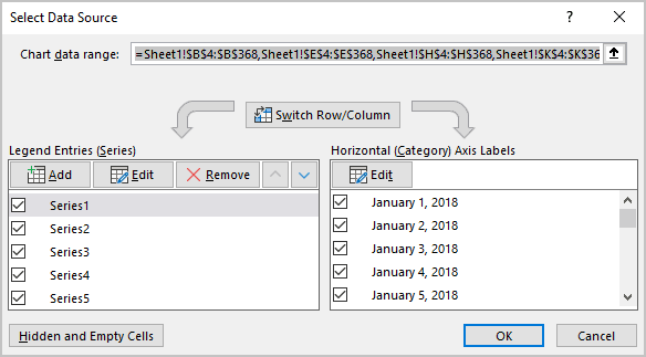 Select Data Source dialog box in Excel 365