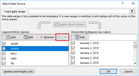 Select Data Source dialog box in Excel 2016