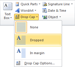 Drop Cap list in Word 2010
