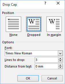 Drop Cap Options Word 2016