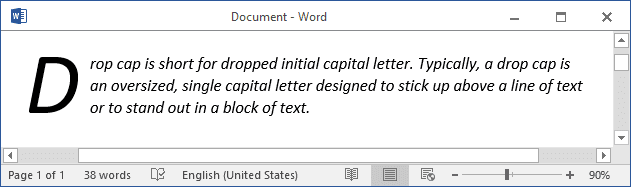 Drop Cap example in Word 2016