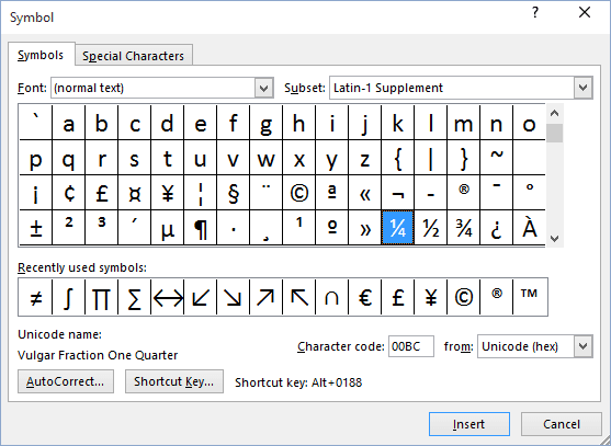 Select symbol in Word 2016