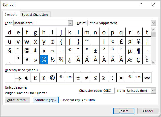 Select symbol in Word 365